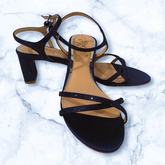 Jewel Badgley Mischka Glitter Ankle Strap Sandals Heels Navy Blue Size 6 - Picture 1 of 8